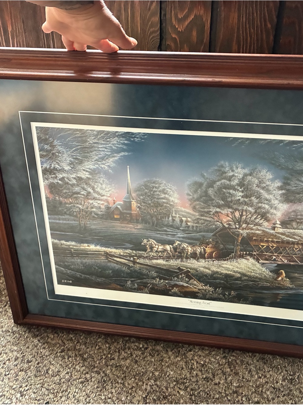 Framed Winter Landscape Wall Art - Brown Frame, Blue-Green Mat